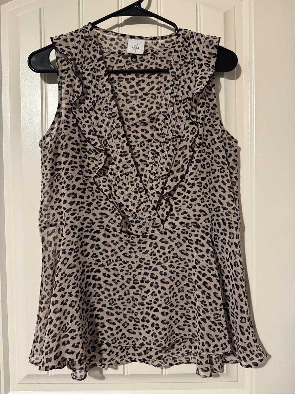 CAbi Beige and Black Leopard Print Ruffle V-Neck Two Piece Blouse/Camisole